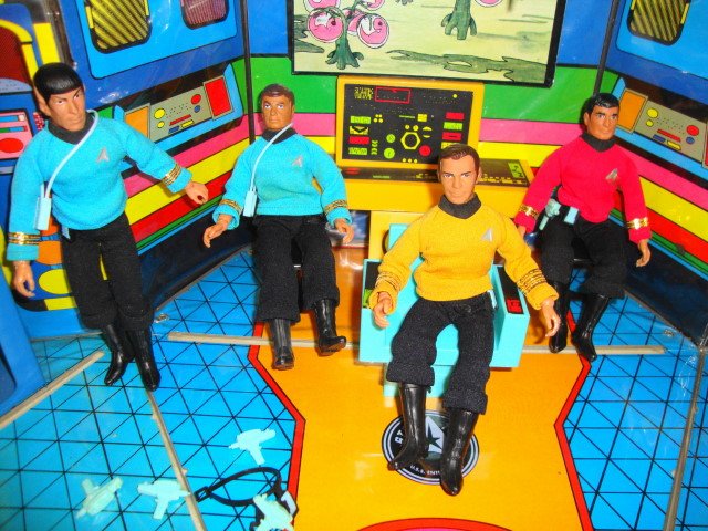 Image of the original Mego Toys 1973 era Star Trek Enterprise playset with Kirk, Spock, McCoy, and Scotty
